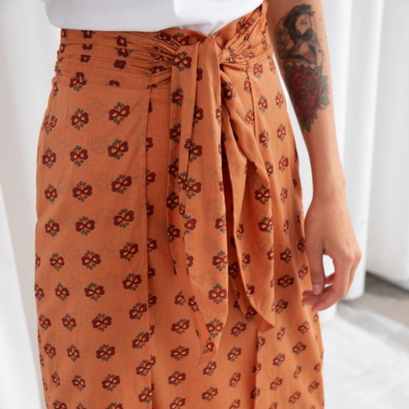 Anthropologie & Other Stories Skirt Printed Tie Front Midi Skirt Orange Size 4 - Picture 5 of 16